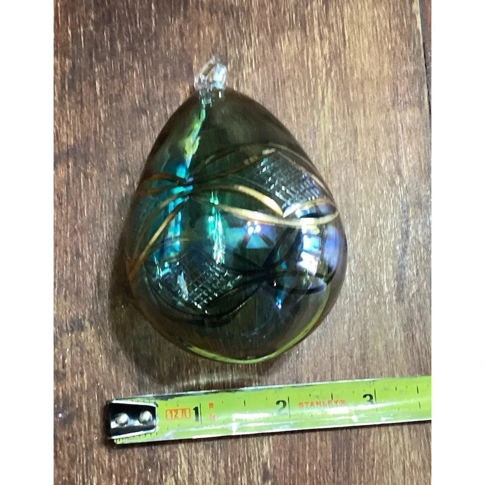 Christmas Ornament Hand Blown Glass Egg Shape Raised‎ Gold Designs Green Tint